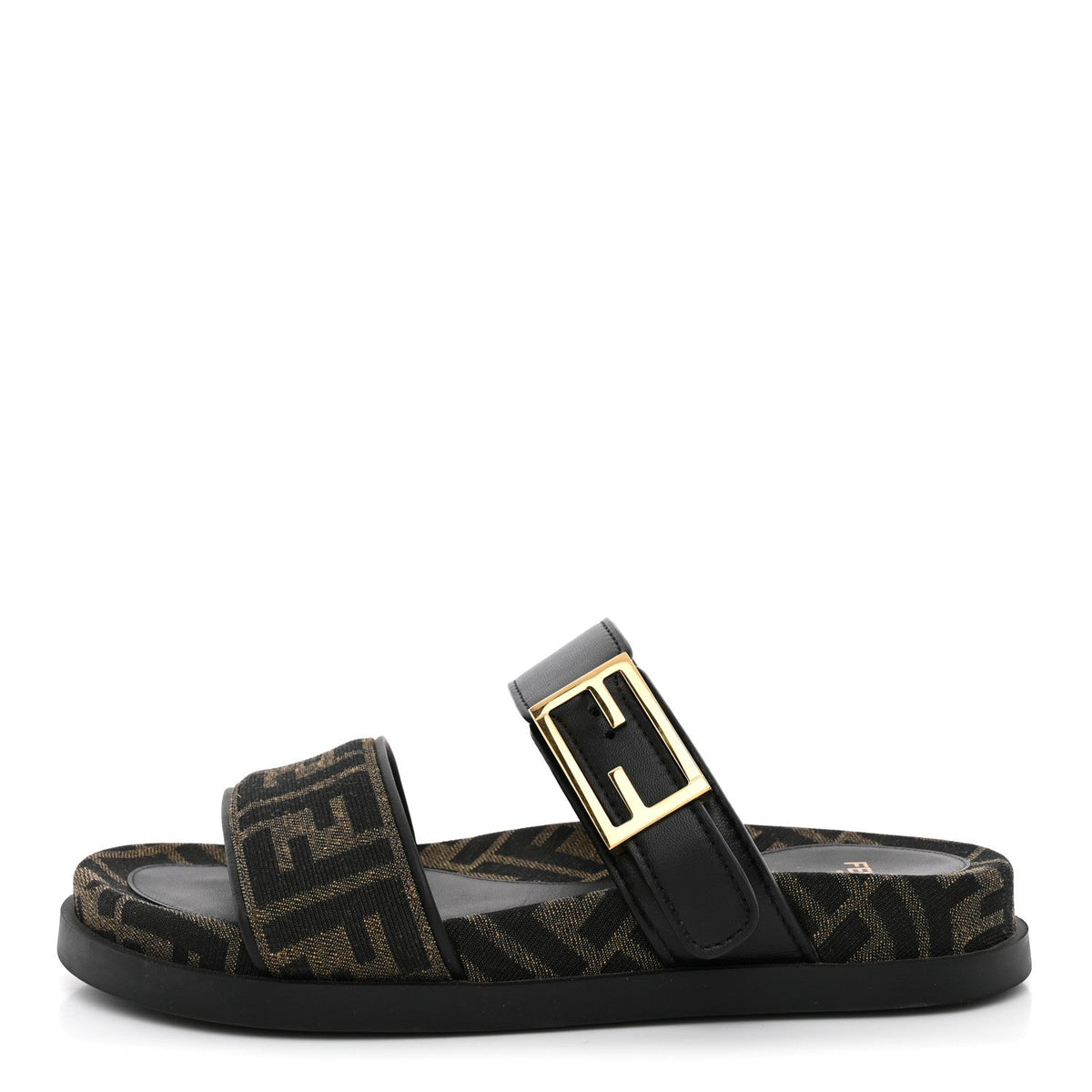 Fabric Jacquard Nappa FF Womens Fendi Feel Buckled Slide Sandals 37 Tobacco Black