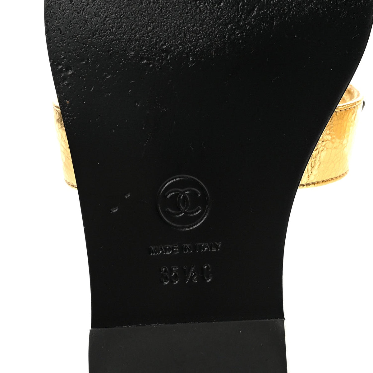 Crackled Laminated Calfskin CC Cut Out Mules Sandals 35.5 Gold