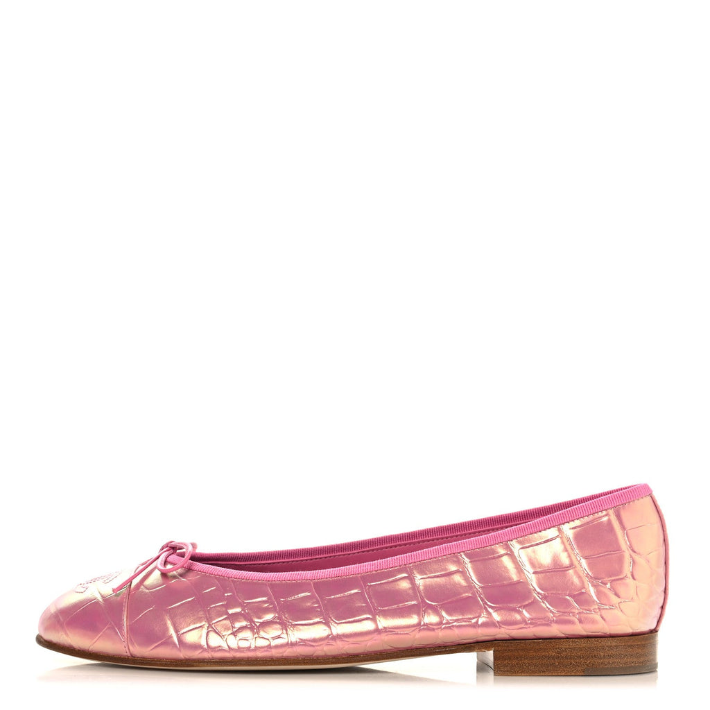 Iridescent Calfskin Crocodile Embossed Ballerina Flats 40 Pink