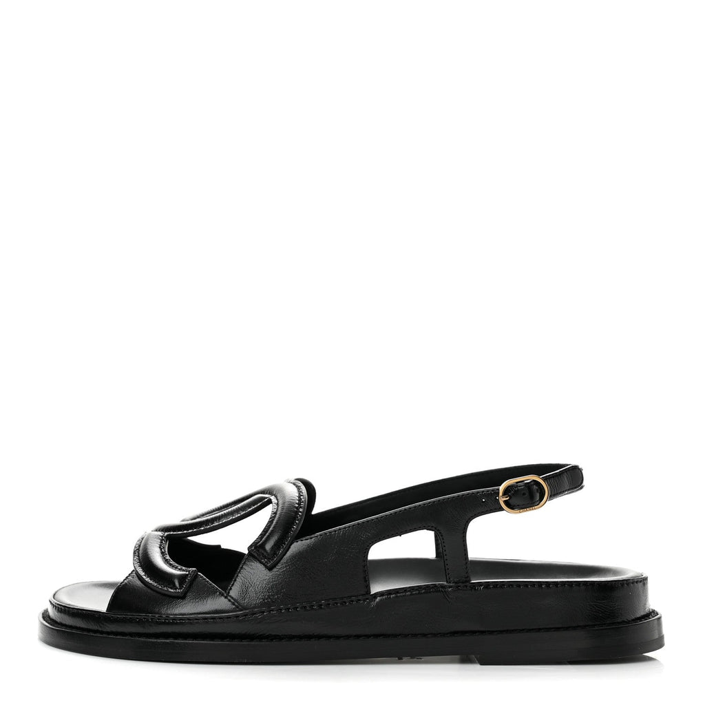 Shiny Crumpled Lambskin CC Cut Out Sandals 37.5 Black