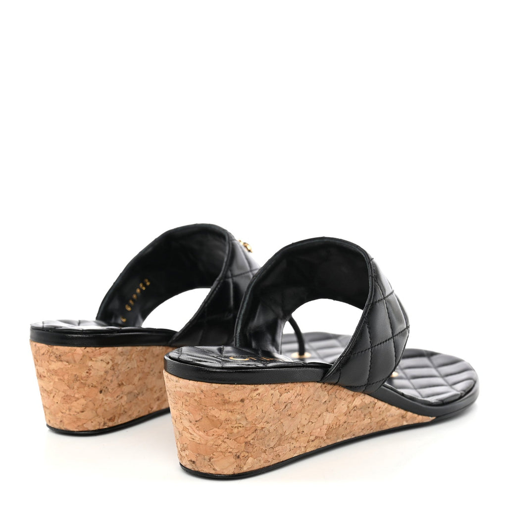 Shiny Goatskin Cork CC Wedge Sandals 39 Black