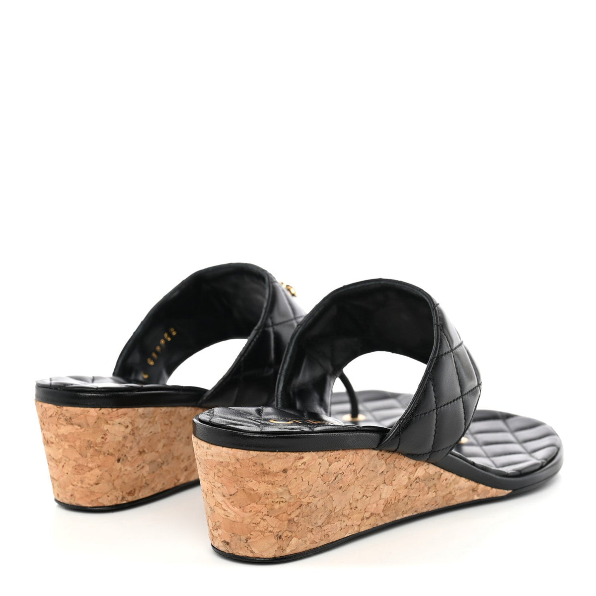 Shiny Goatskin Cork CC Wedge Sandals 39 Black