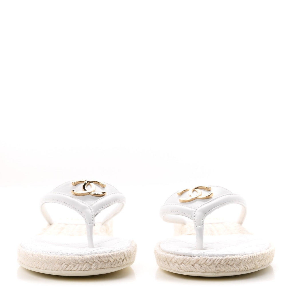 Lambskin Quilted Thong Espadrille Sandals 36 White