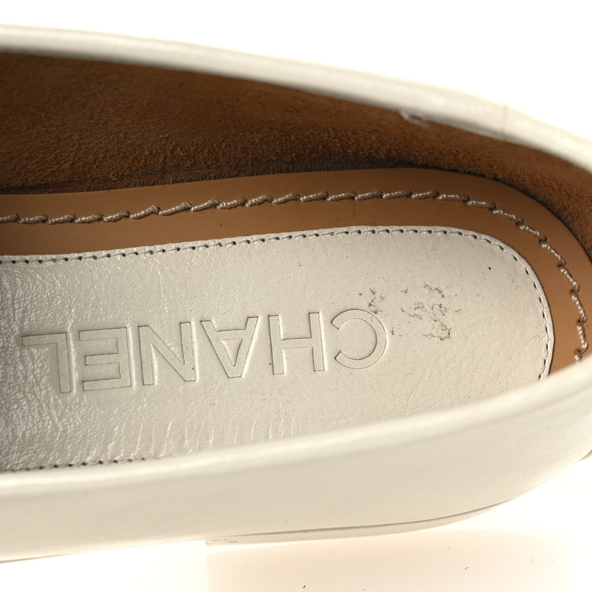 Shiny Calfskin Pearl CC Mocassin Loafers 36 White