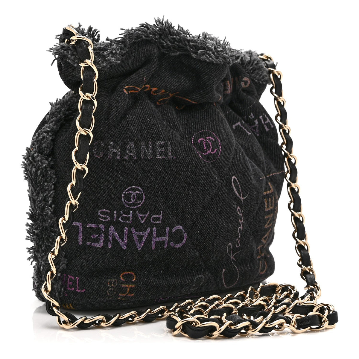Denim Quilted Mood Small Bucket With Chain Black Multicolor