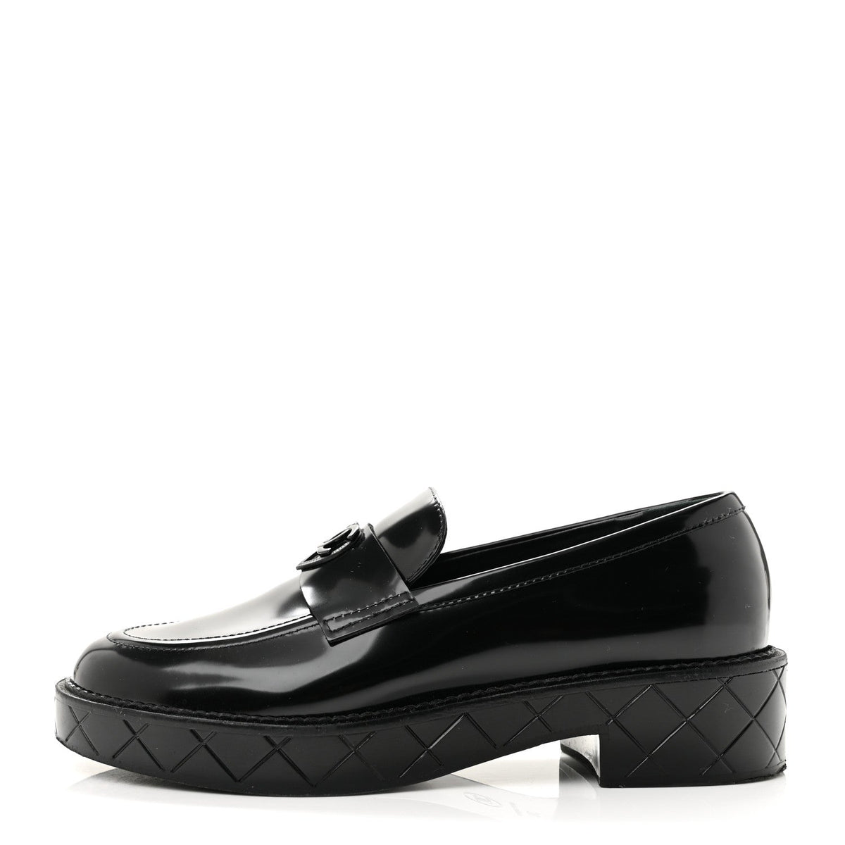 Shiny Calfskin Quilted CC Mocassin Loafers 39 Black