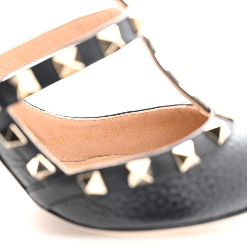 Pebbled Calfskin Rockstud Ankle Strap 100mm Pumps 36 Black