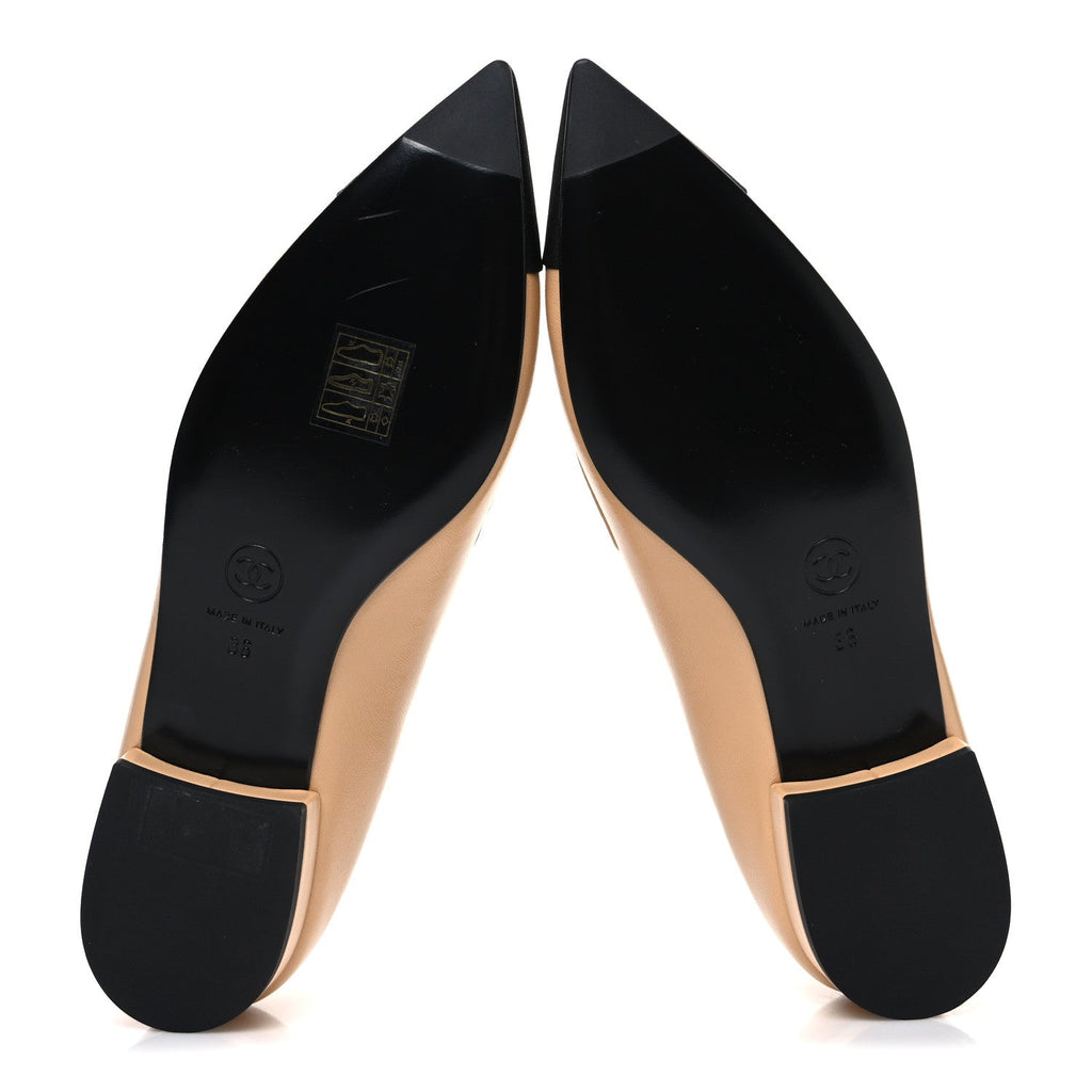 Shiny Lambskin Grosgrain Pointed Toe CC Ballet Flats 36 Beige Black