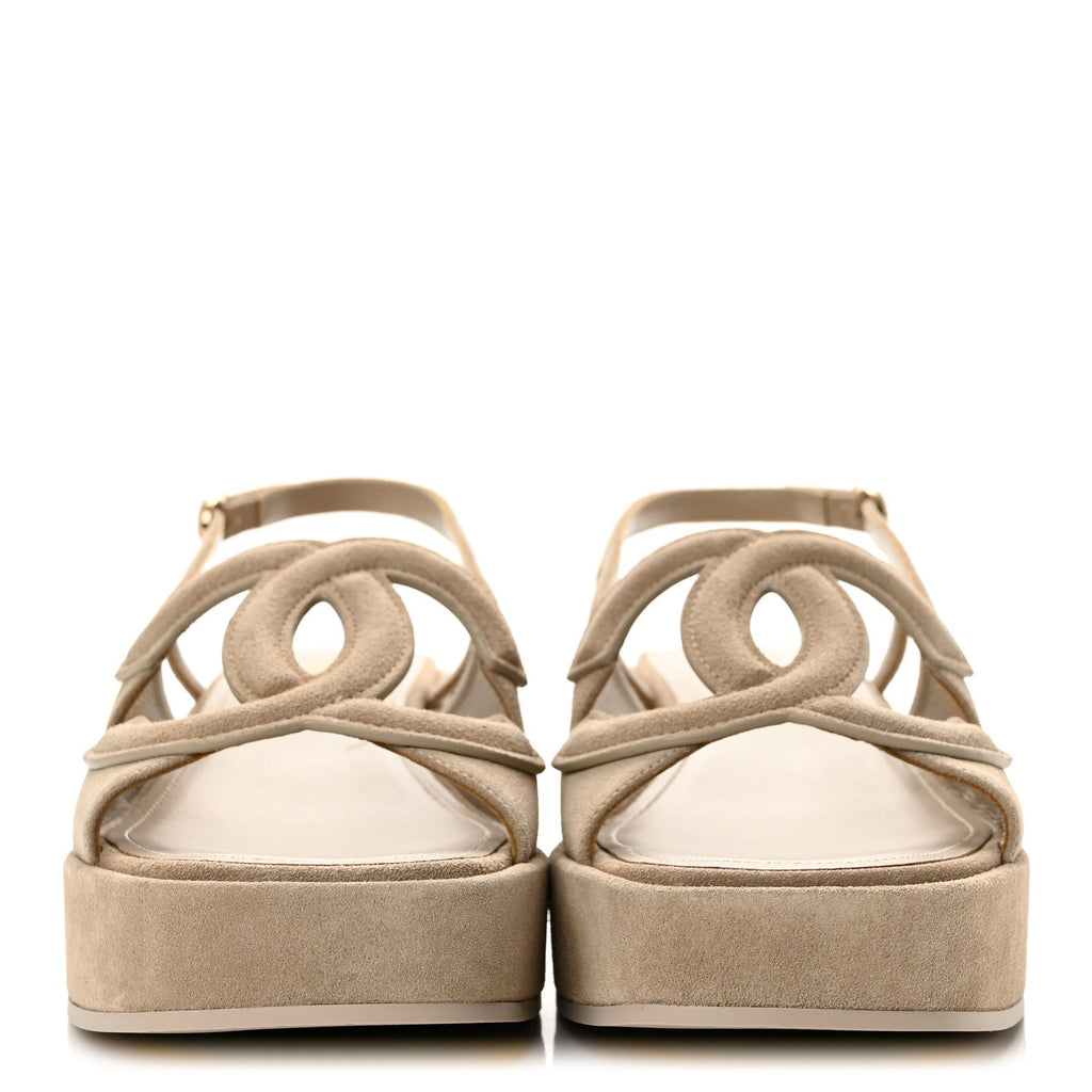 Suede Calfskin Platform CC Sandals 37.5 Dark Beige