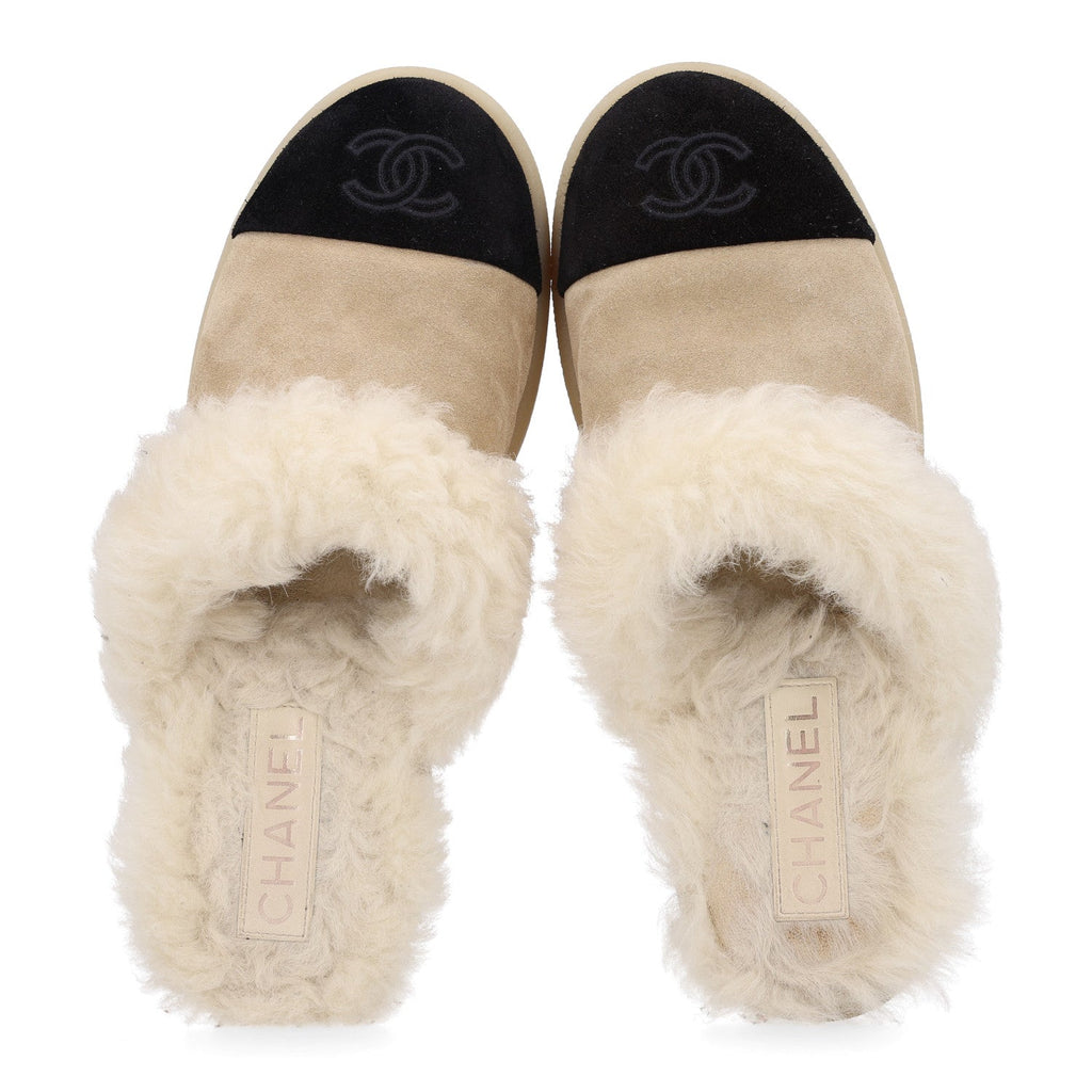 Suede Shearling CC Cap Toe Mules 37 Beige Black