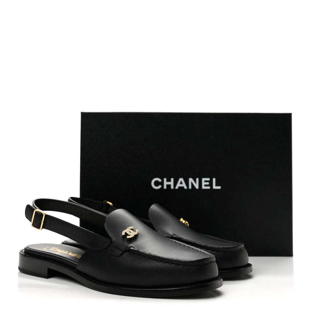 Calfskin Crystal CC Slingback Flats 38 Black