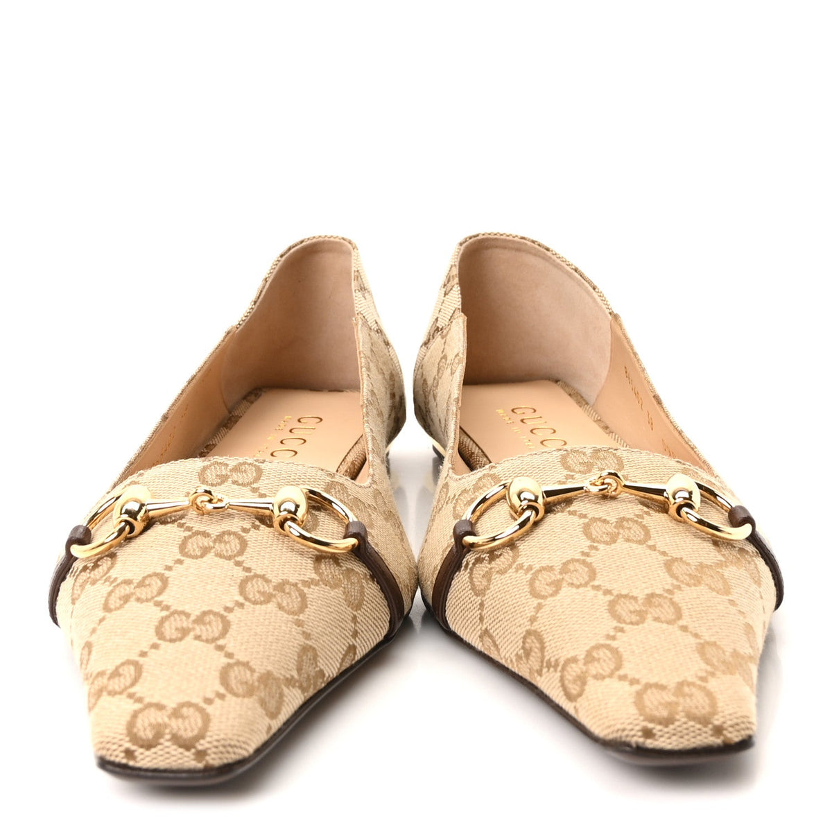 GG Monogram Horsebit Bow Ballet Flats 38 Beige Ebony Sundial