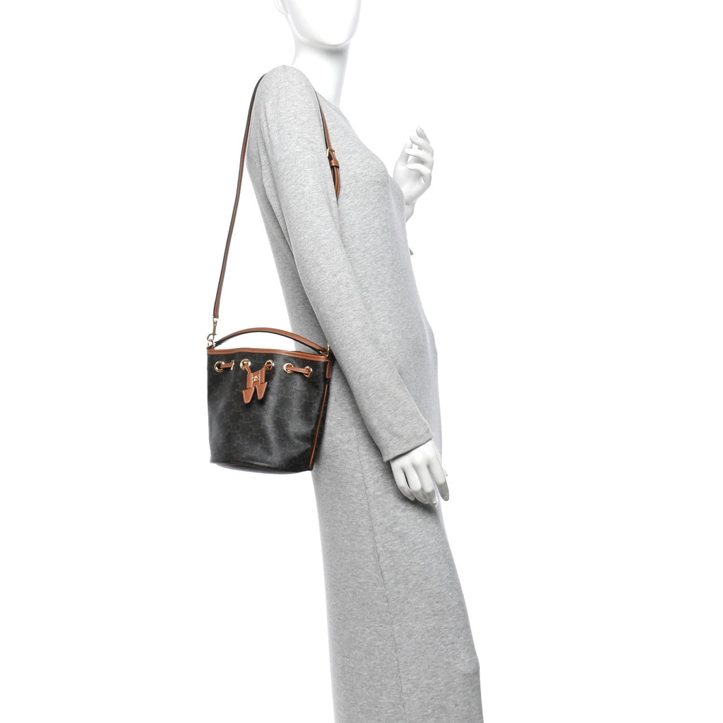 Triomphe Canvas Calfskin Teen Clara Drawstring Bucket Bag Tan