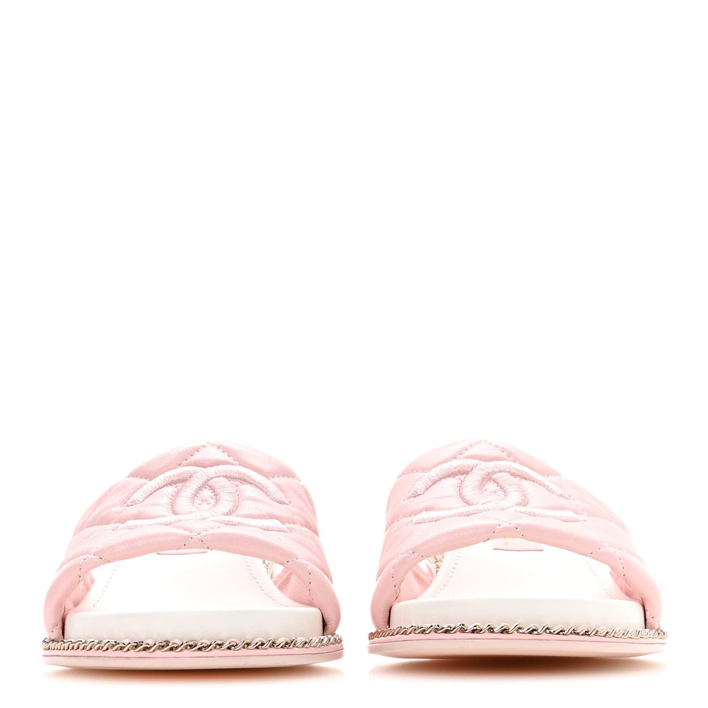 Lambskin Quilted CC Chain Mules 38 Light Pink White