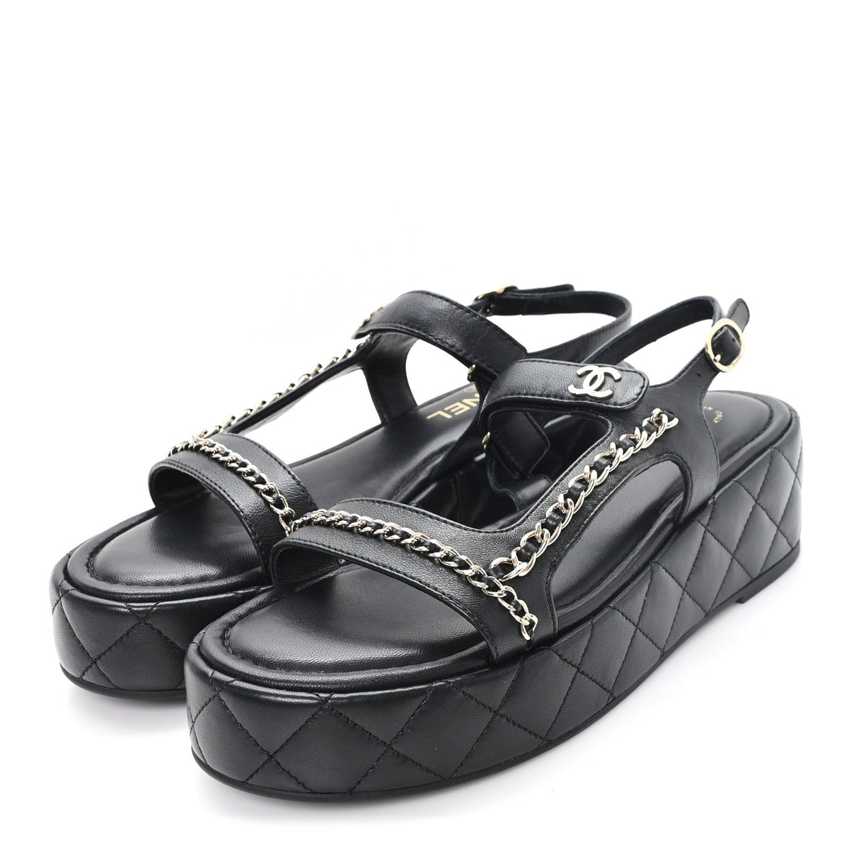 Lambskin Quilted Chain CC Platform Sandals 39.5 Black