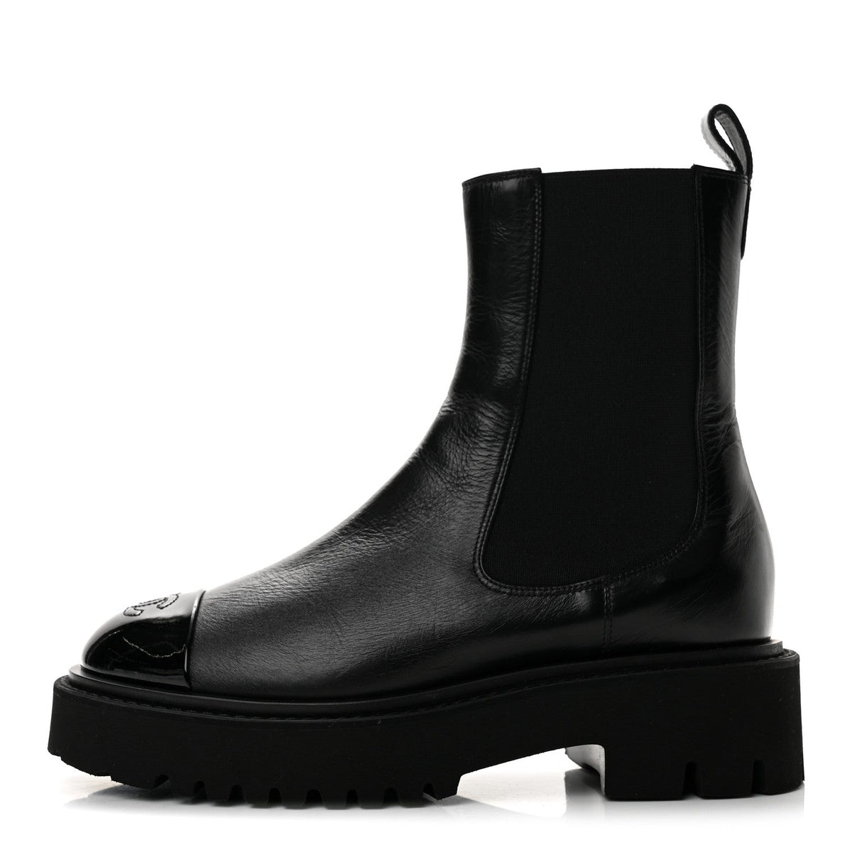 Crumpled Calfskin Patent Cap Toe Short Boots 36.5 Black