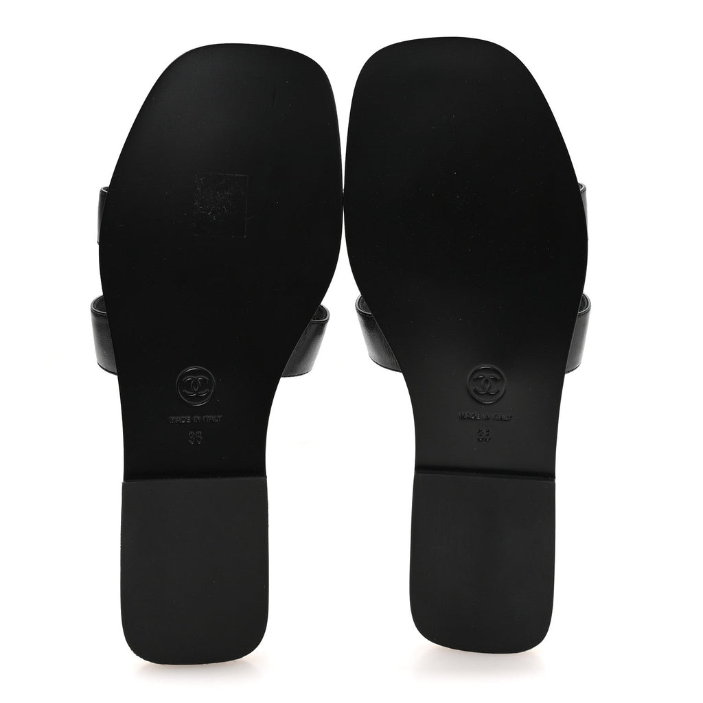 Lambskin CC Cut Out Mules Sandals 36 Black