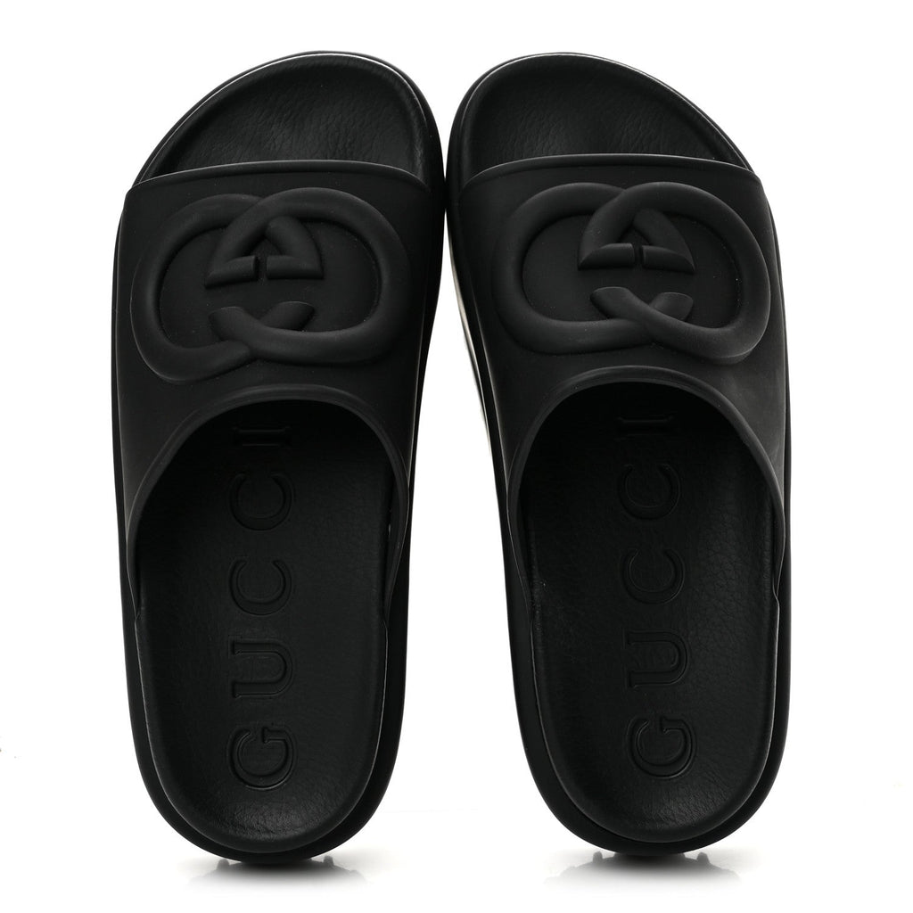 Soft Rubber Womens Interlocking G Platform 42mm Slide Sandals 36 Black