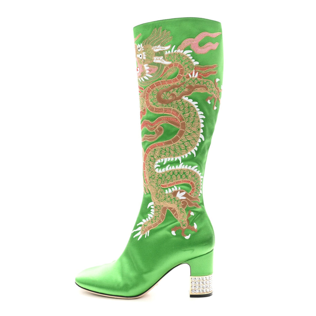 Silk Satin Malaga Kid Embroidered Candy Dragon Block-Heel Knee Boot 39 Palm