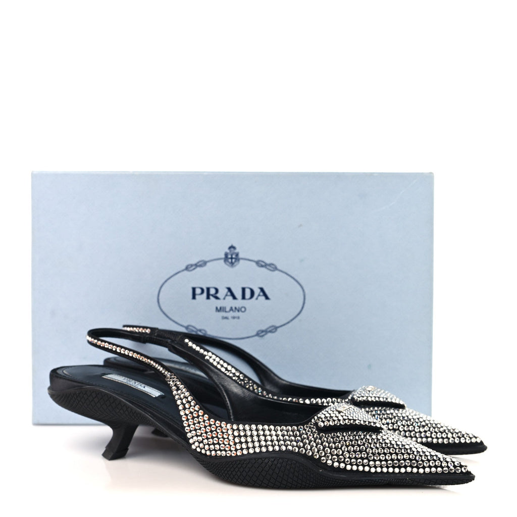 Satin Crystal Logo 45mm Slingback Pumps 38.5 Cristal