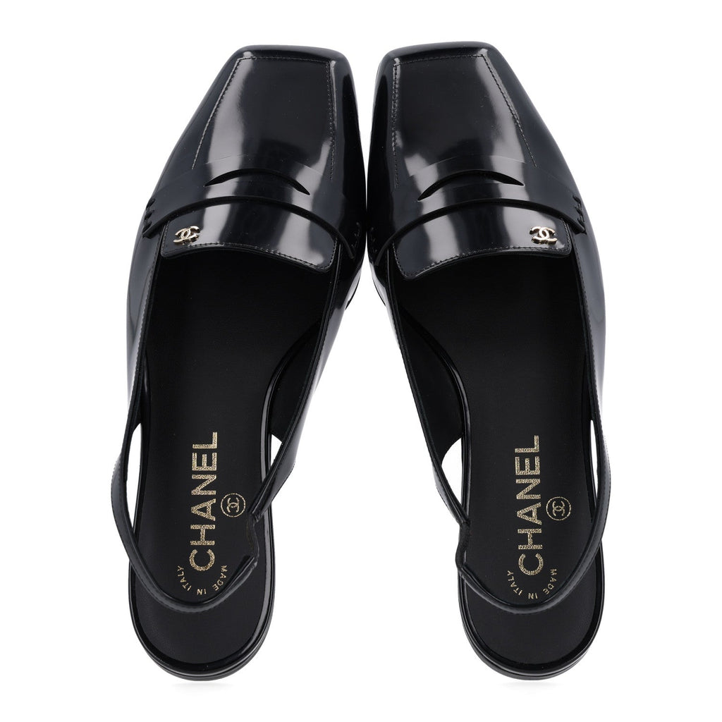 Shiny Calfskin Slingback Loafers 38 Black