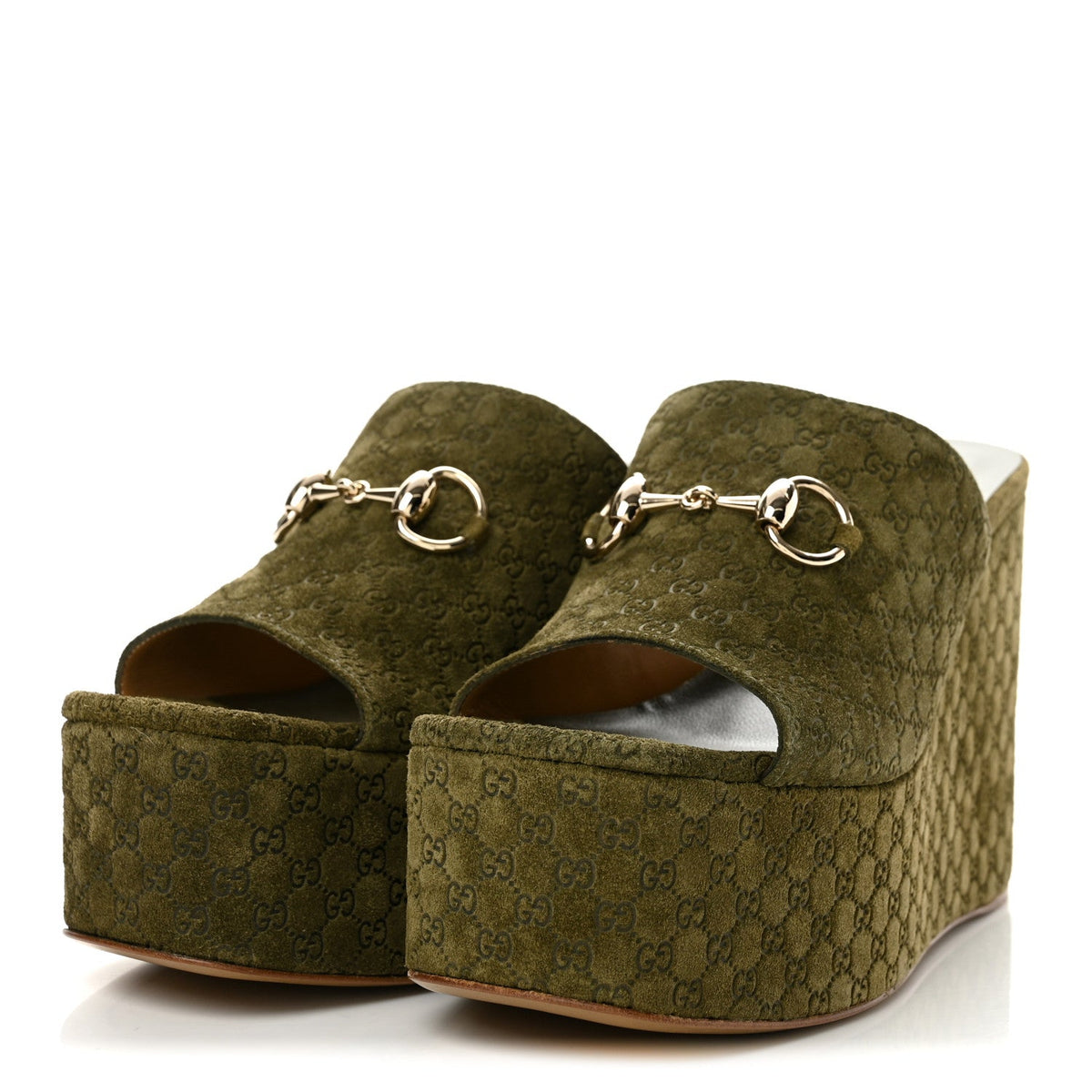 Suede GG Debossed Horsebit Wedge Sandals 39.5 Forest Green