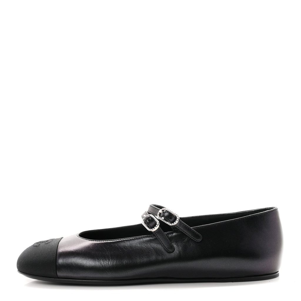Lambskin Grosgrain Pearl Mary Jane Flats 38 Black