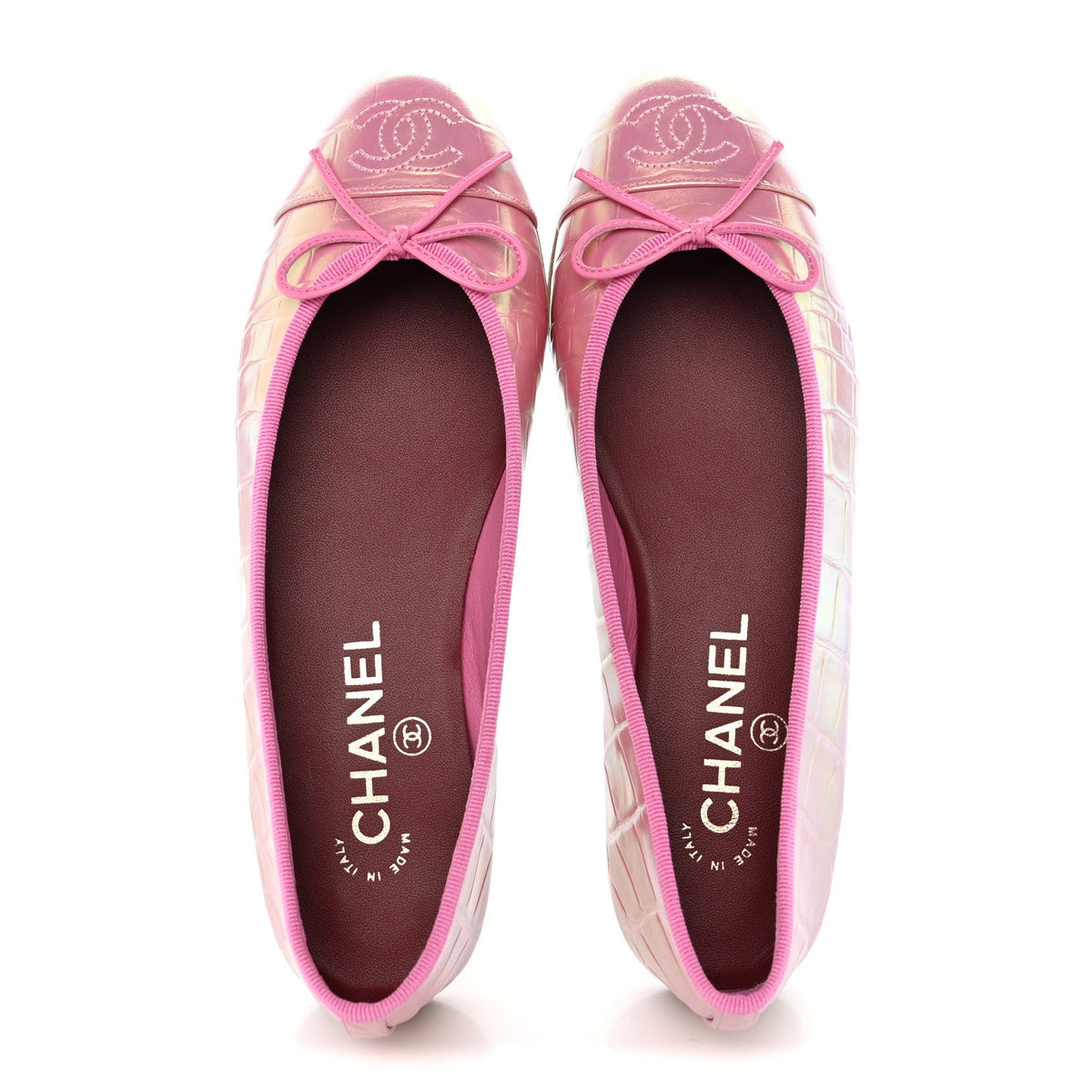 Iridescent Calfskin Crocodile Embossed Ballerina Flats  35.5 Pink