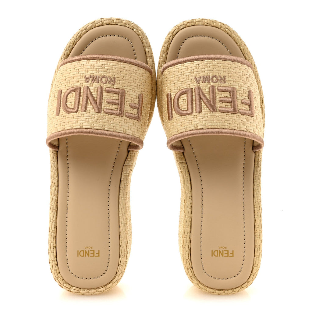 Raffia Womens FF Sunshine Flatform Slide Sandals 39 Beige