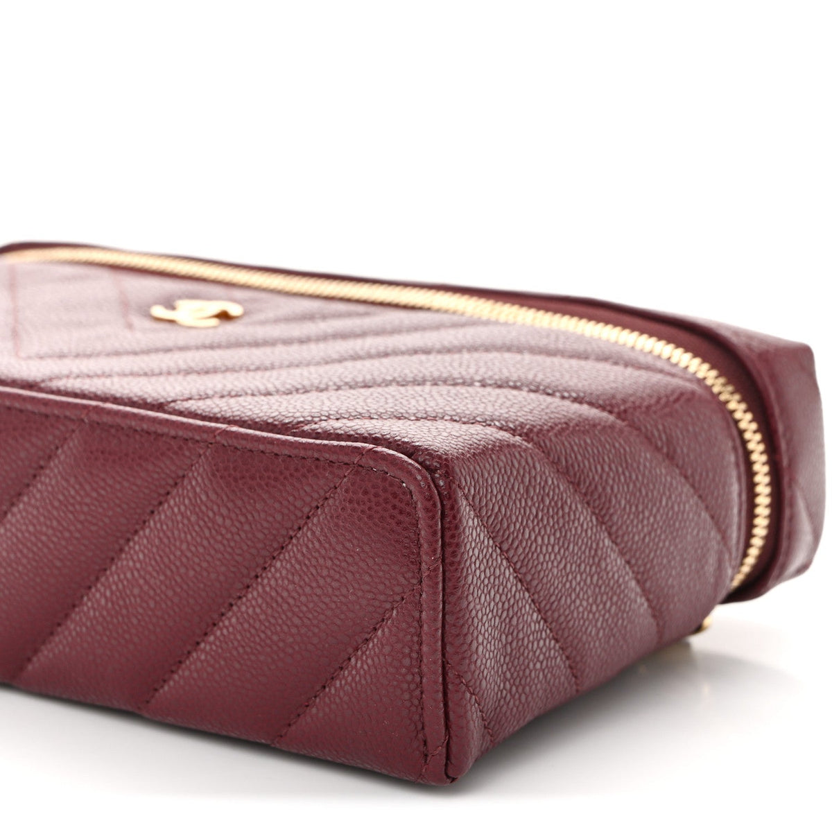Caviar Chevron Quilted Top Handle Slim Vanity With Chain Burgundy