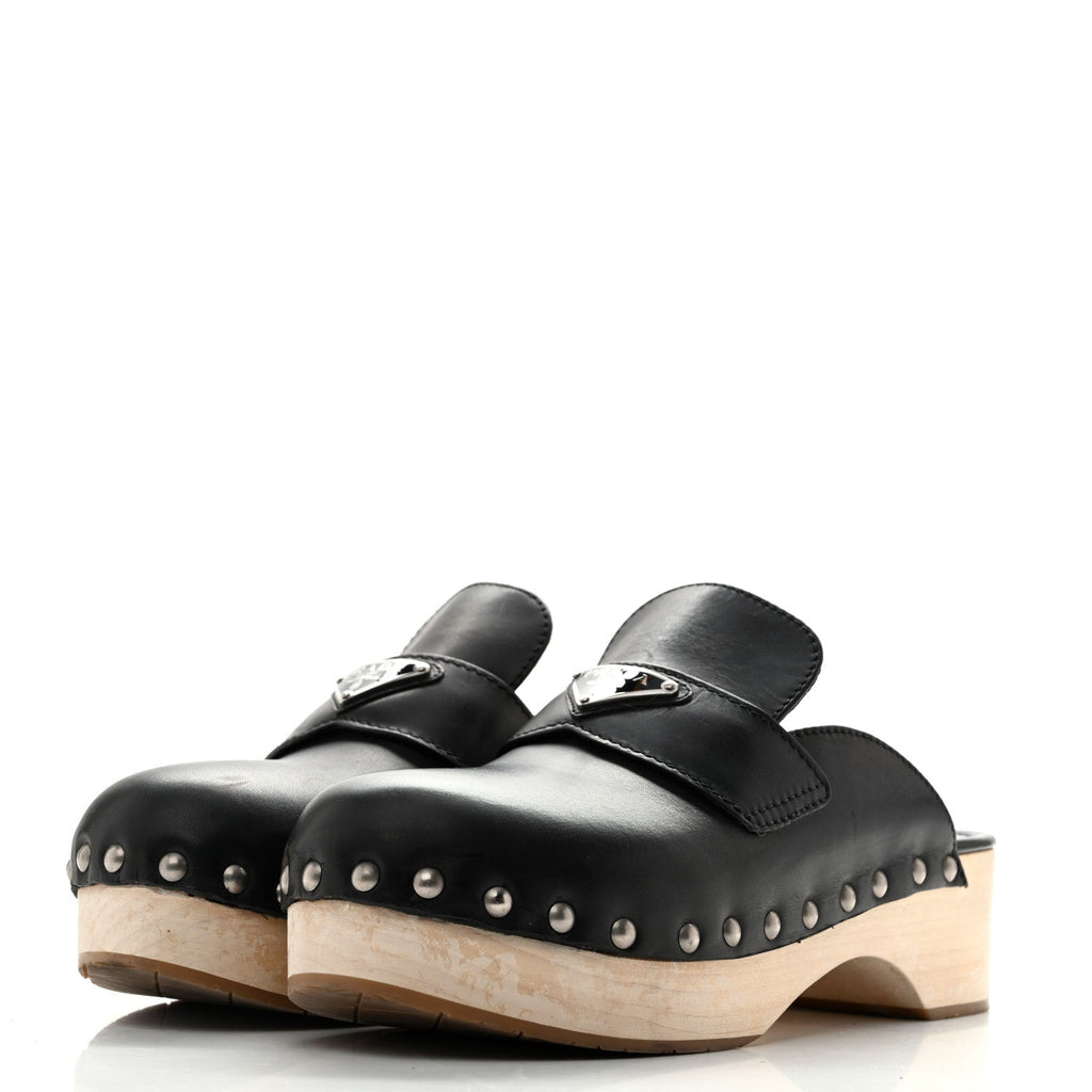 Natural Calfskin Metal Triangle Logo 45mm Clogs 40 Black Sabbia