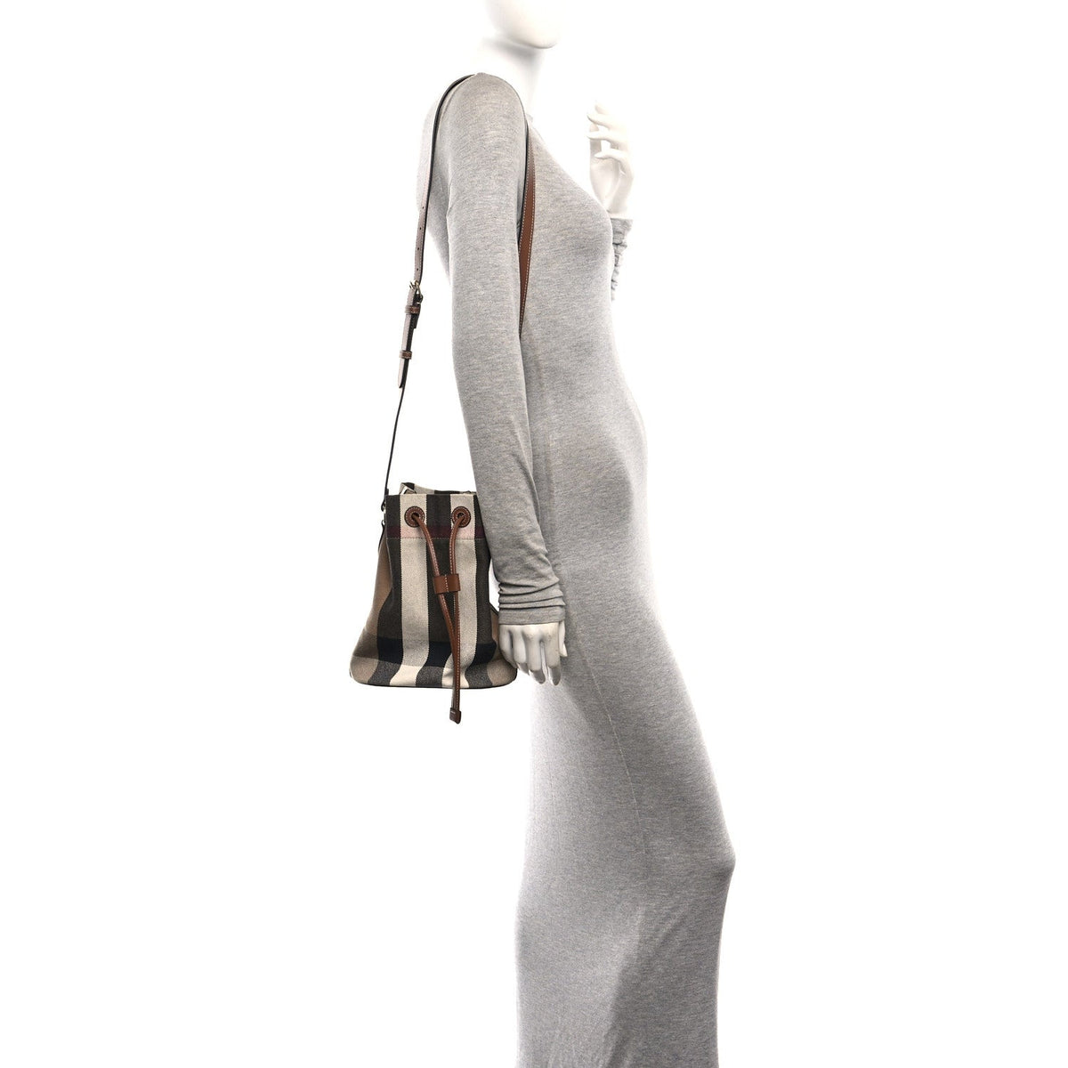 Giant Check Canvas Small Bucket Bag Taupe Brown