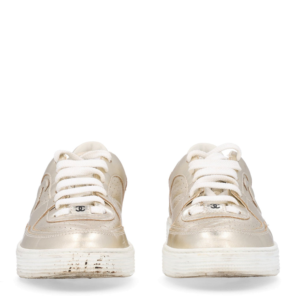 Laminated Calfskin CC Womens Sneakers 38.5 Golden