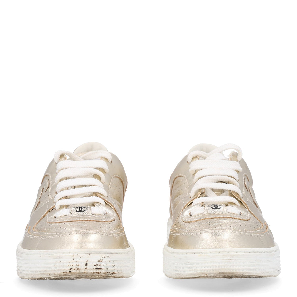 Laminated Calfskin CC Womens Sneakers 38.5 Golden