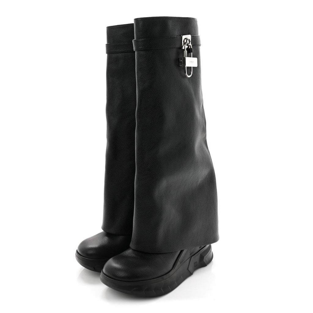 Grained Calfskin Shark Lock Biker Knee Boots 40 Black