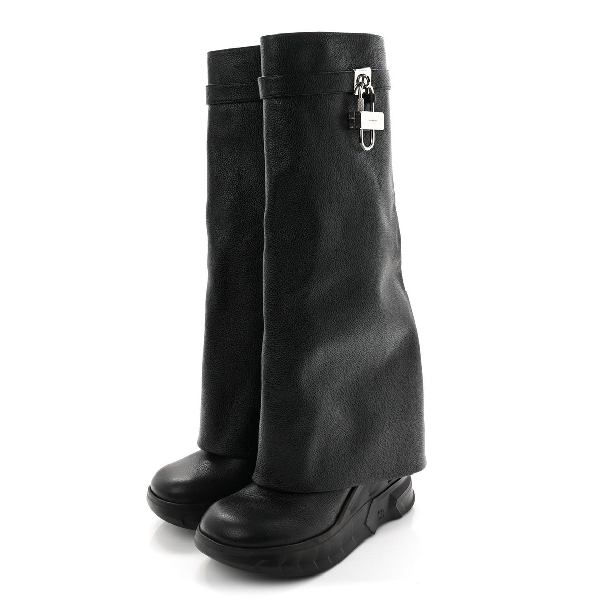 Grained Calfskin Shark Lock Biker Knee Boots 40 Black