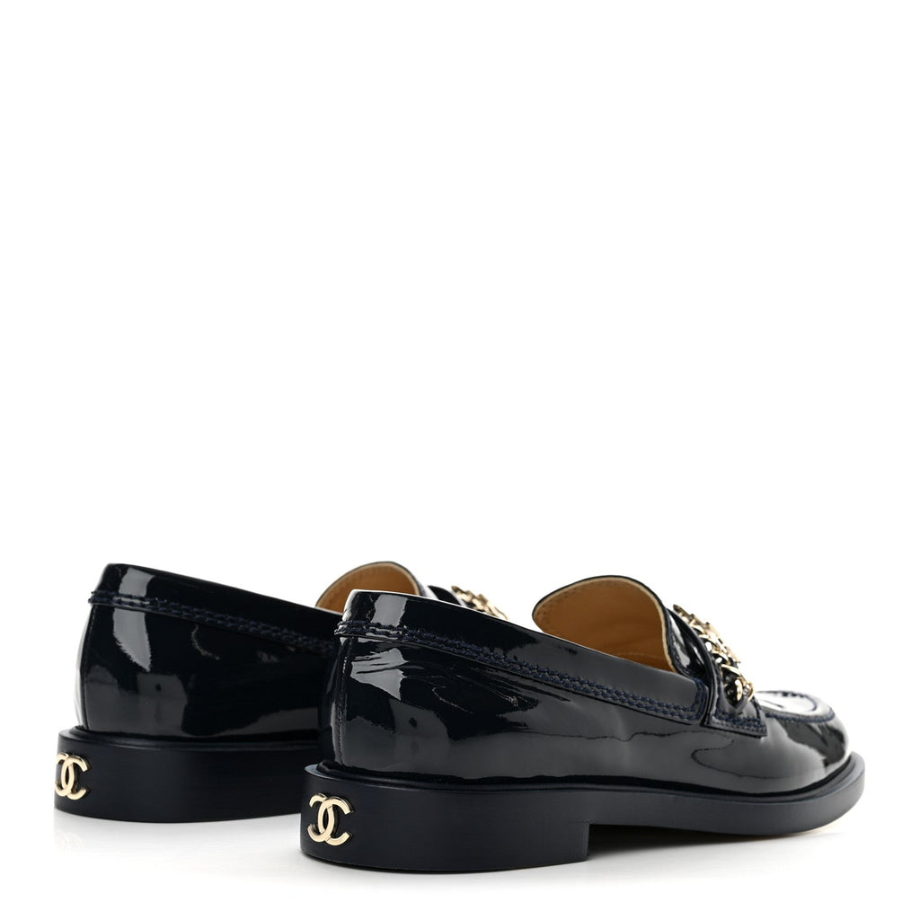 Shiny Calfskin Logo Loafers 36.5 Navy Blue