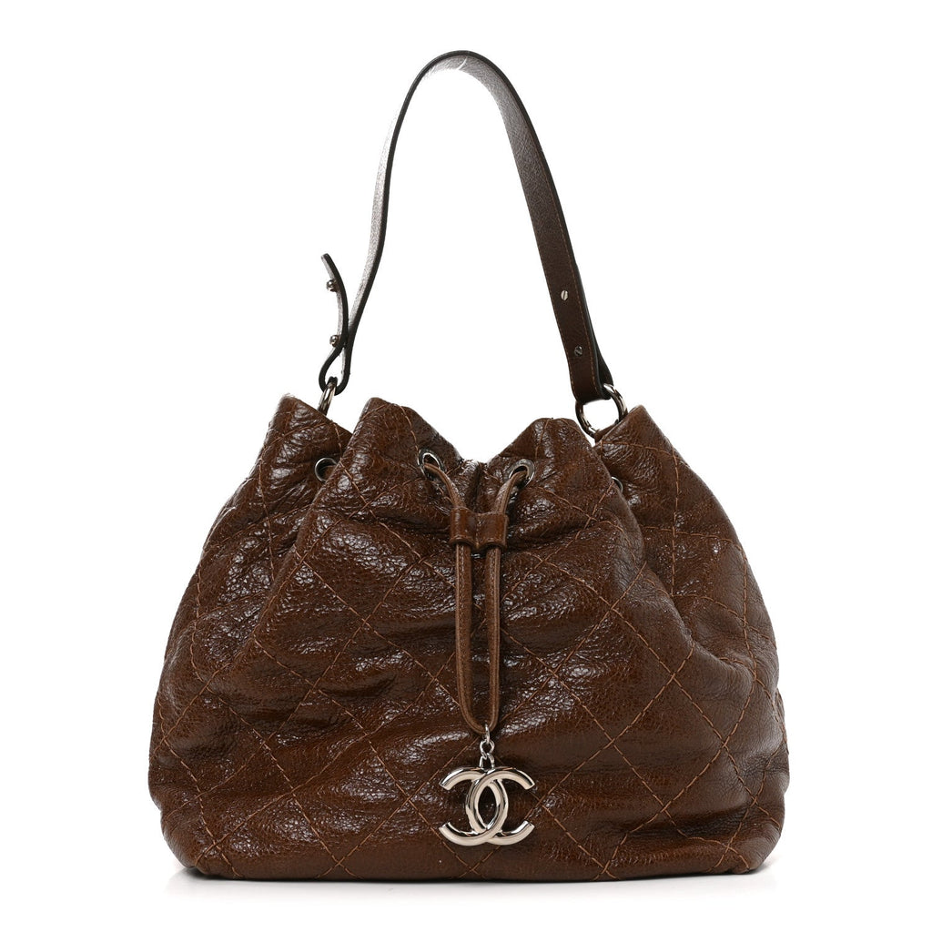 Glazed Calfskin On The Road Drawstring Tote Brown