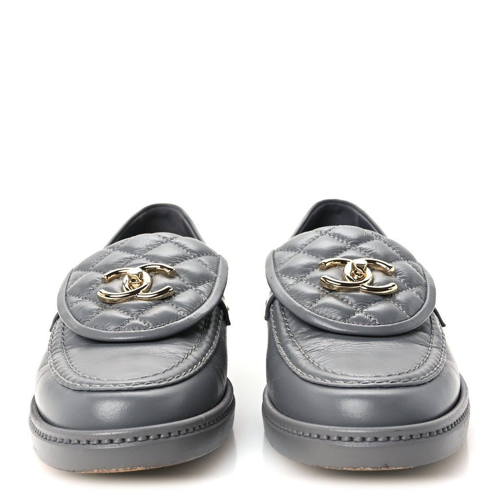 Lambskin Quilted CC Turnlock Loafers 38 Grey
