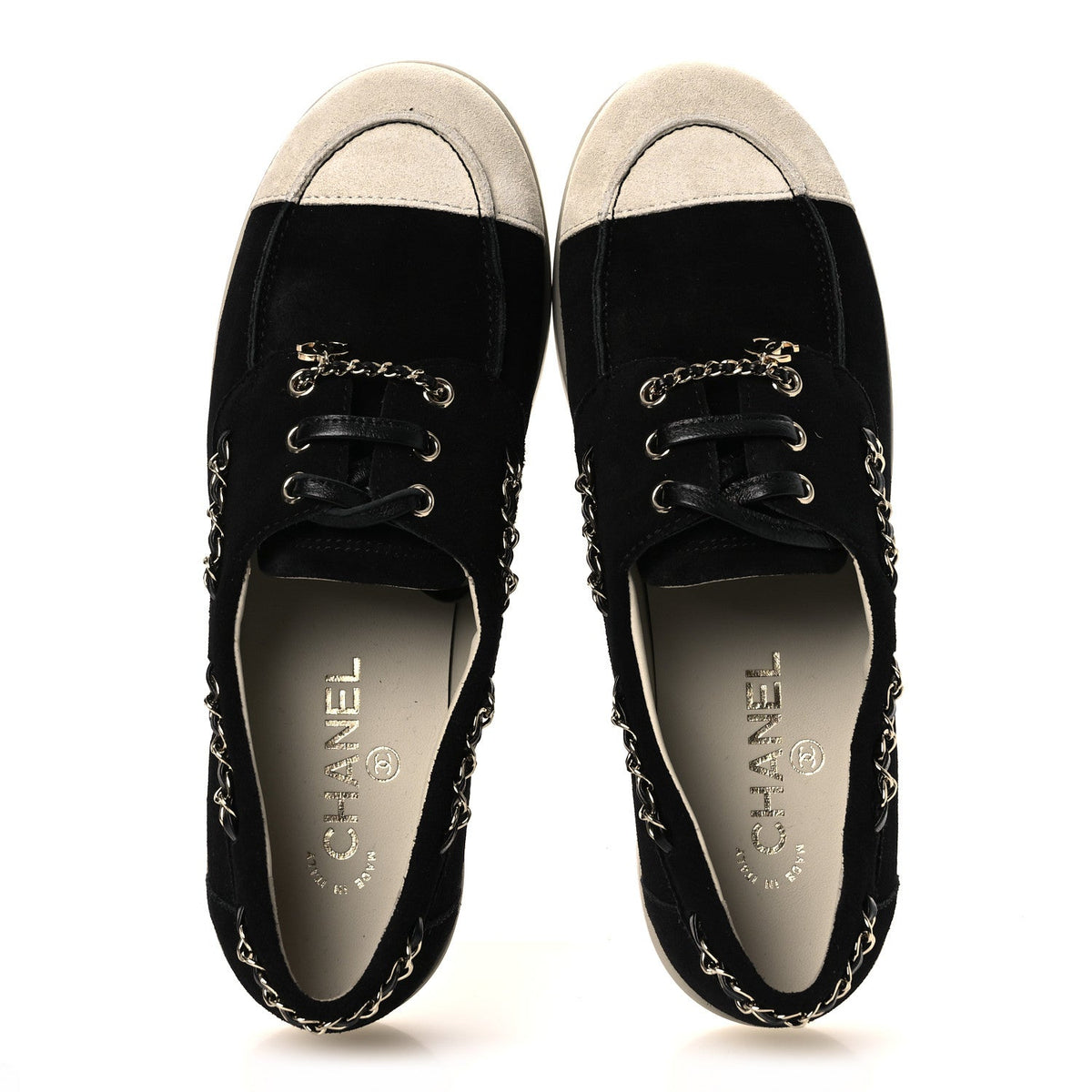 Suede Calfskin CC Chain Loafers 38.5 Black Light Gray