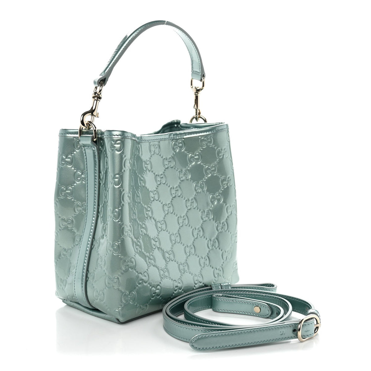 Patent GG Emblem Small Bucket Bag Light Blue