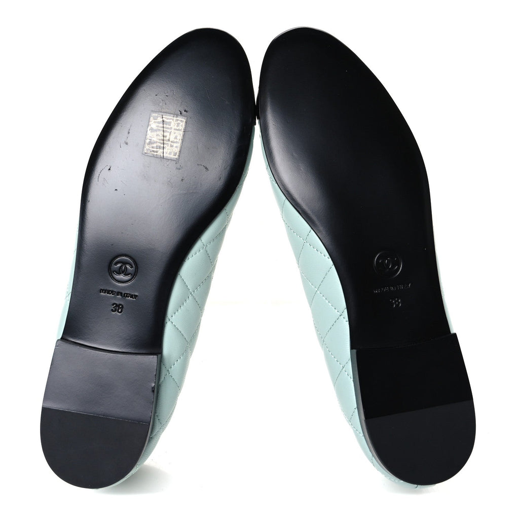 Lambskin Quilted CC Cap Toe Ballerina Flats 38 Light Blue Black