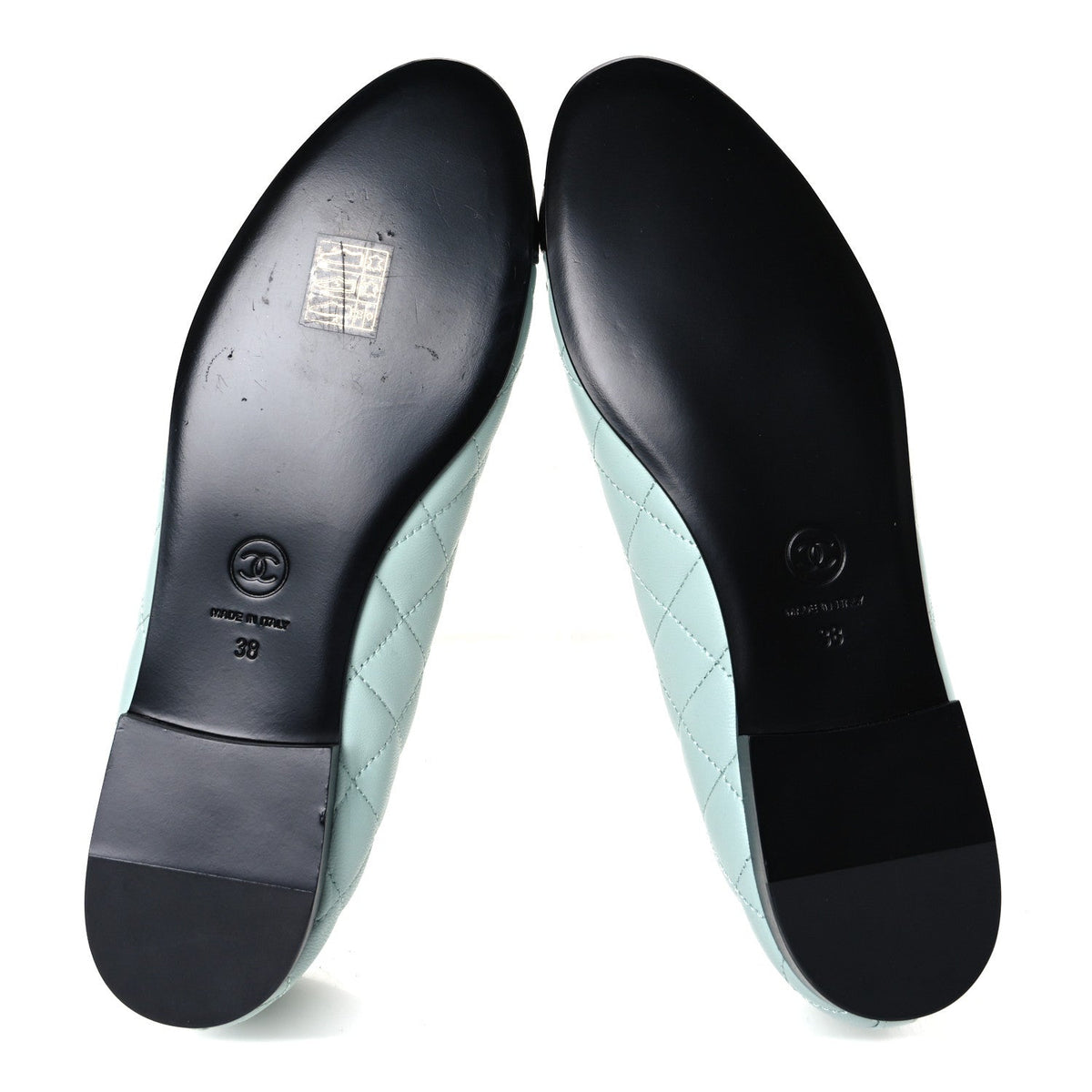 Lambskin Quilted CC Cap Toe Ballerina Flats 38 Light Blue Black