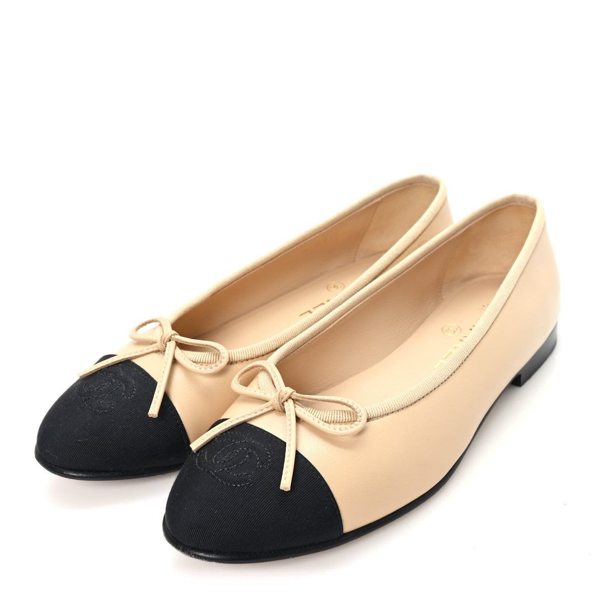 Lambskin Grosgrain Cap Toe CC Ballerina Flats 36 Beige Black
