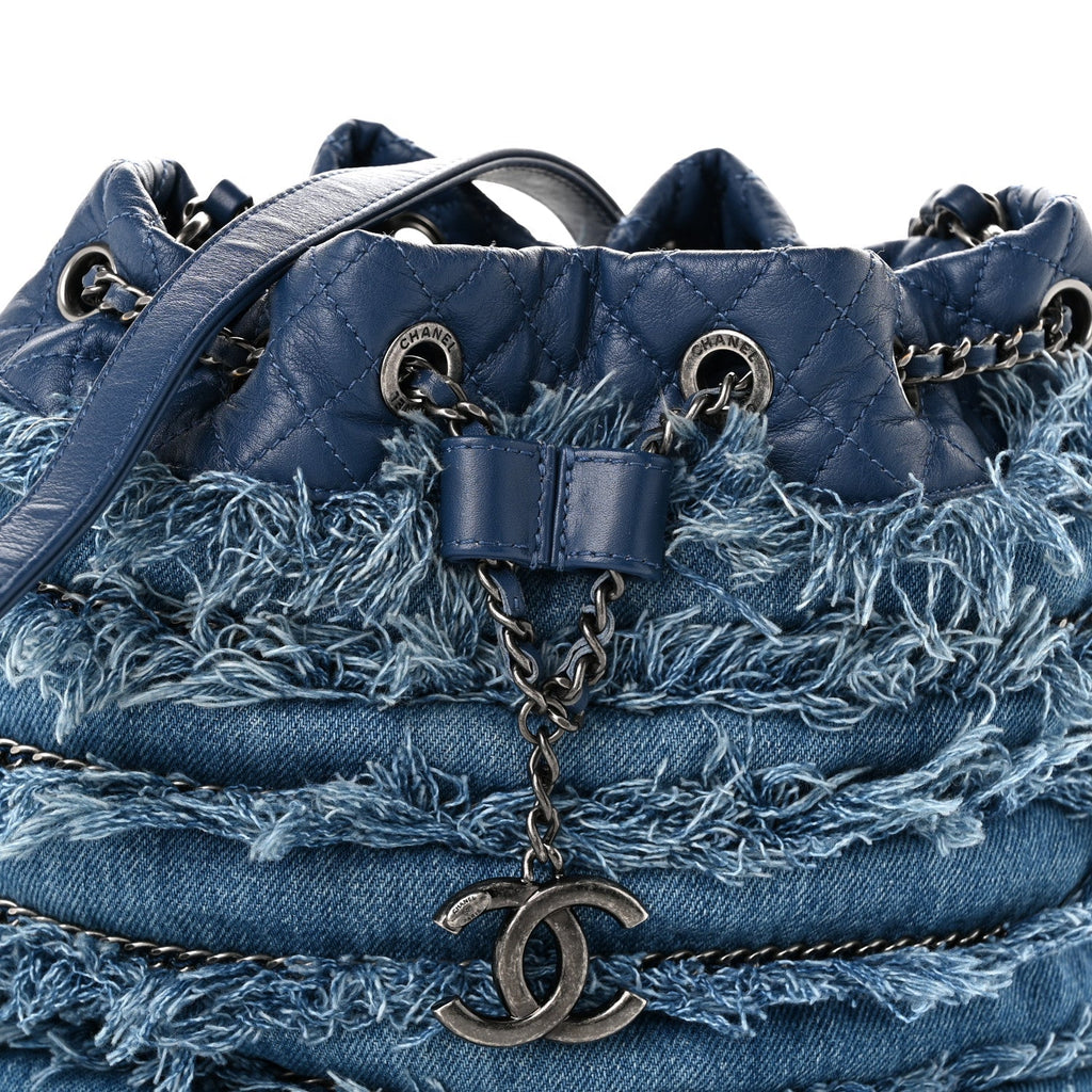 Calfskin Denim Fringe Chains CC Drawstring Bucket Bag Blue
