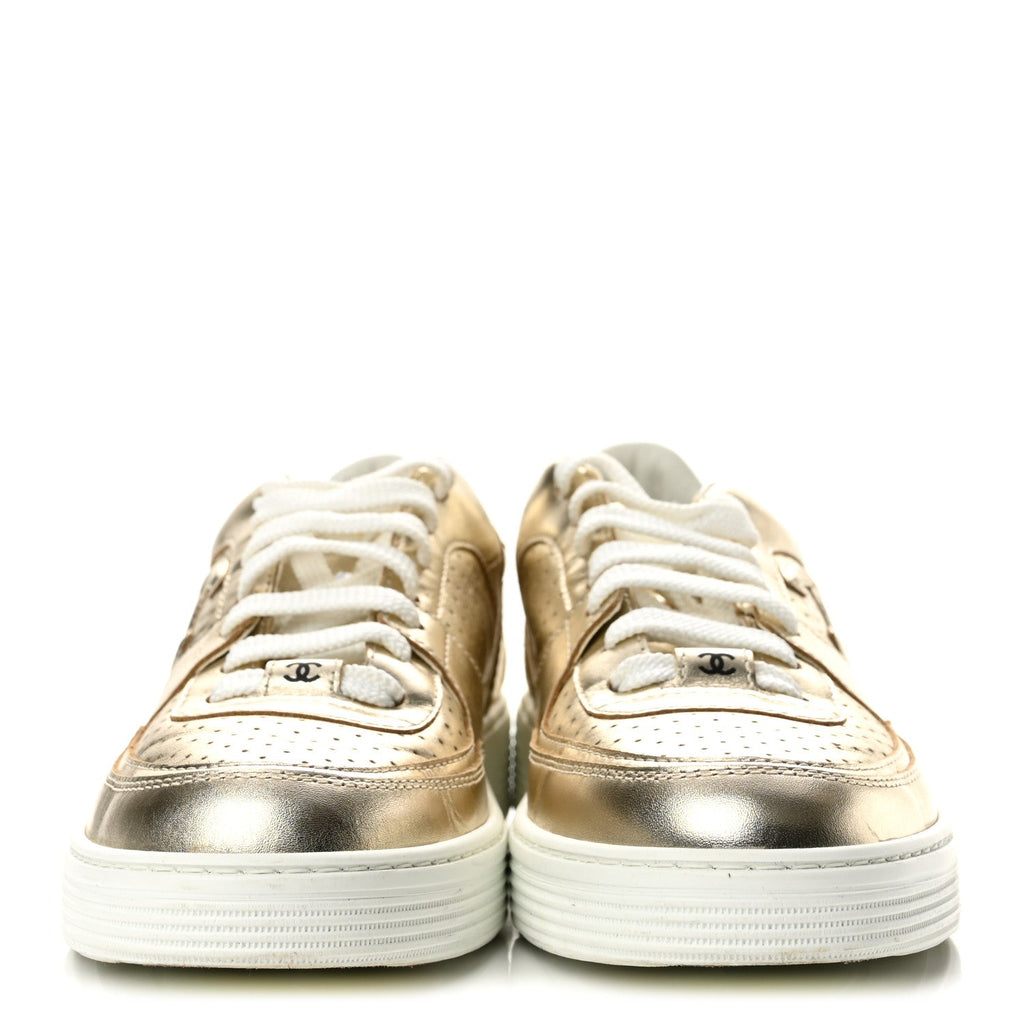 Laminated Calfskin CC Womens Sneakers 38 Golden