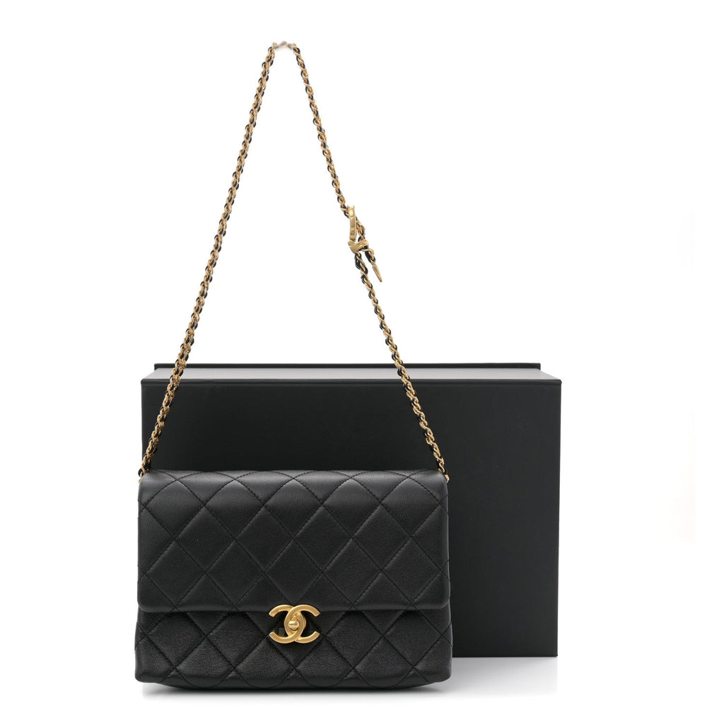 Calfskin Quilted Mini Chain Strap Flap Black
