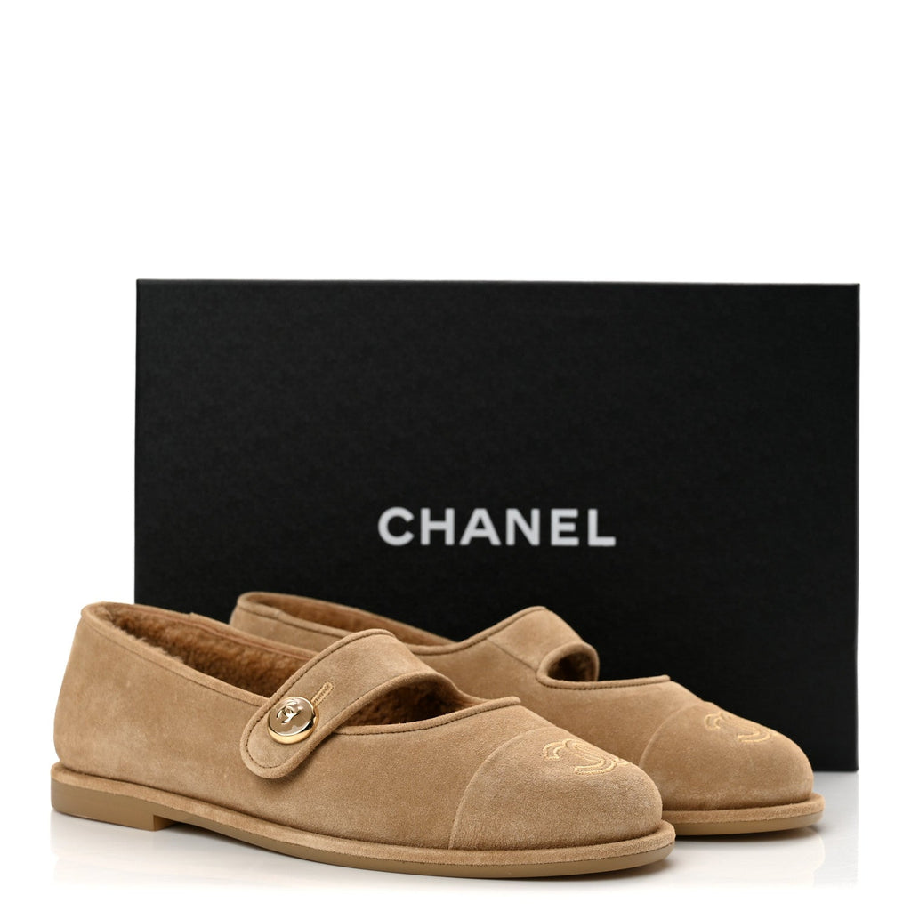 Suede Cap Toe CC Mary Jane Flats 36 Beige