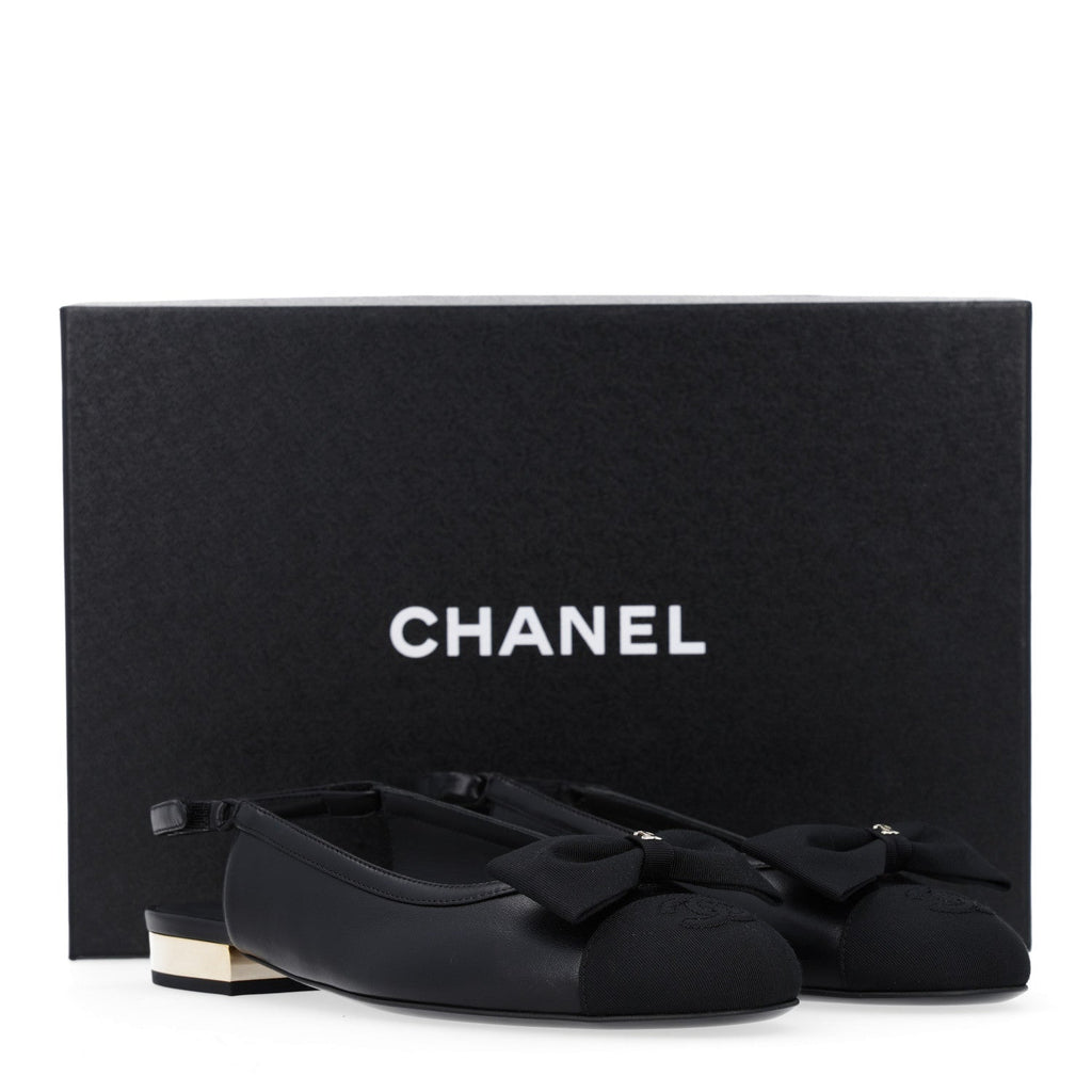 Lambskin Grosgrain Bow Cap Toe CC Slingback Flats 37.5 Black