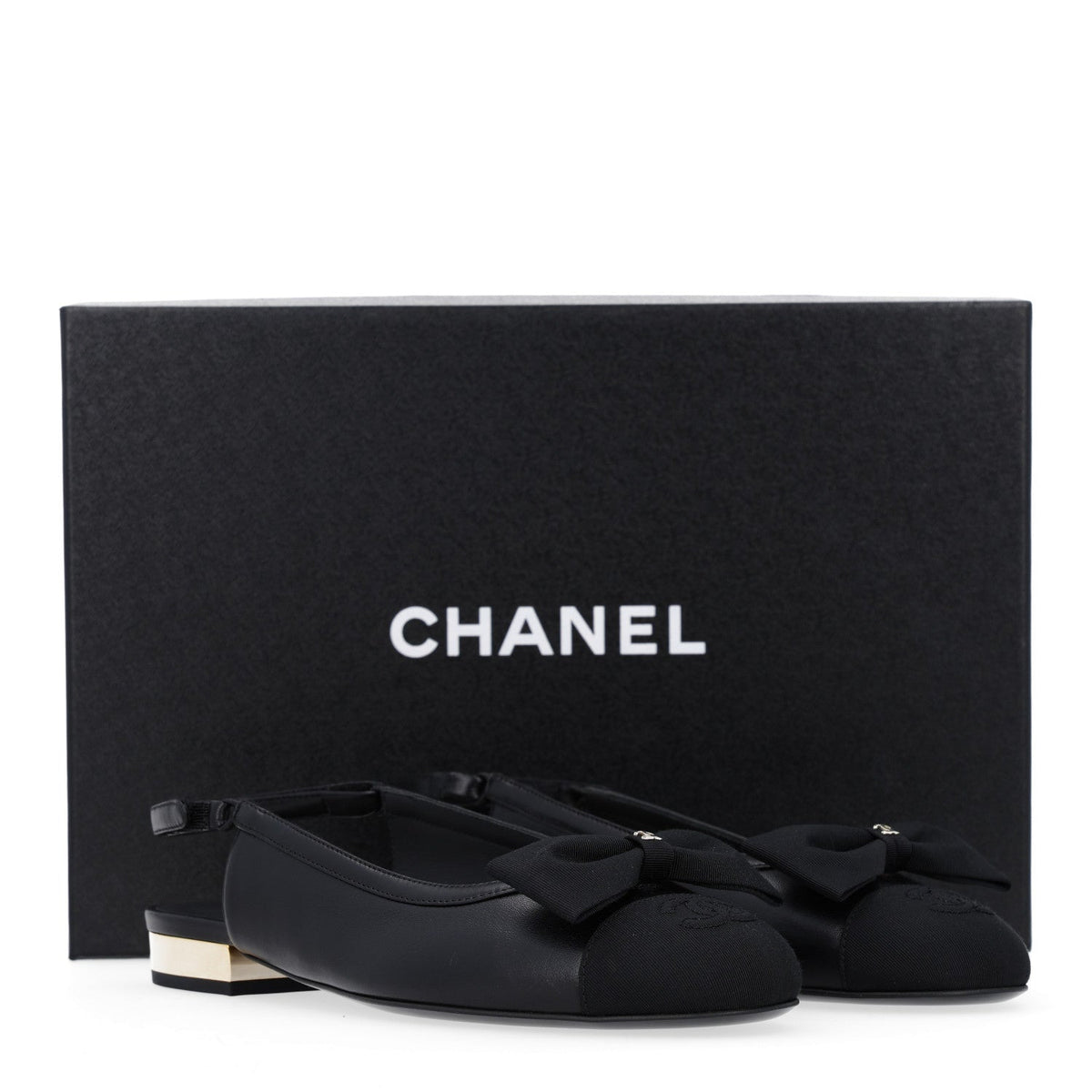 Lambskin Grosgrain Bow Cap Toe CC Slingback Flats 37.5 Black